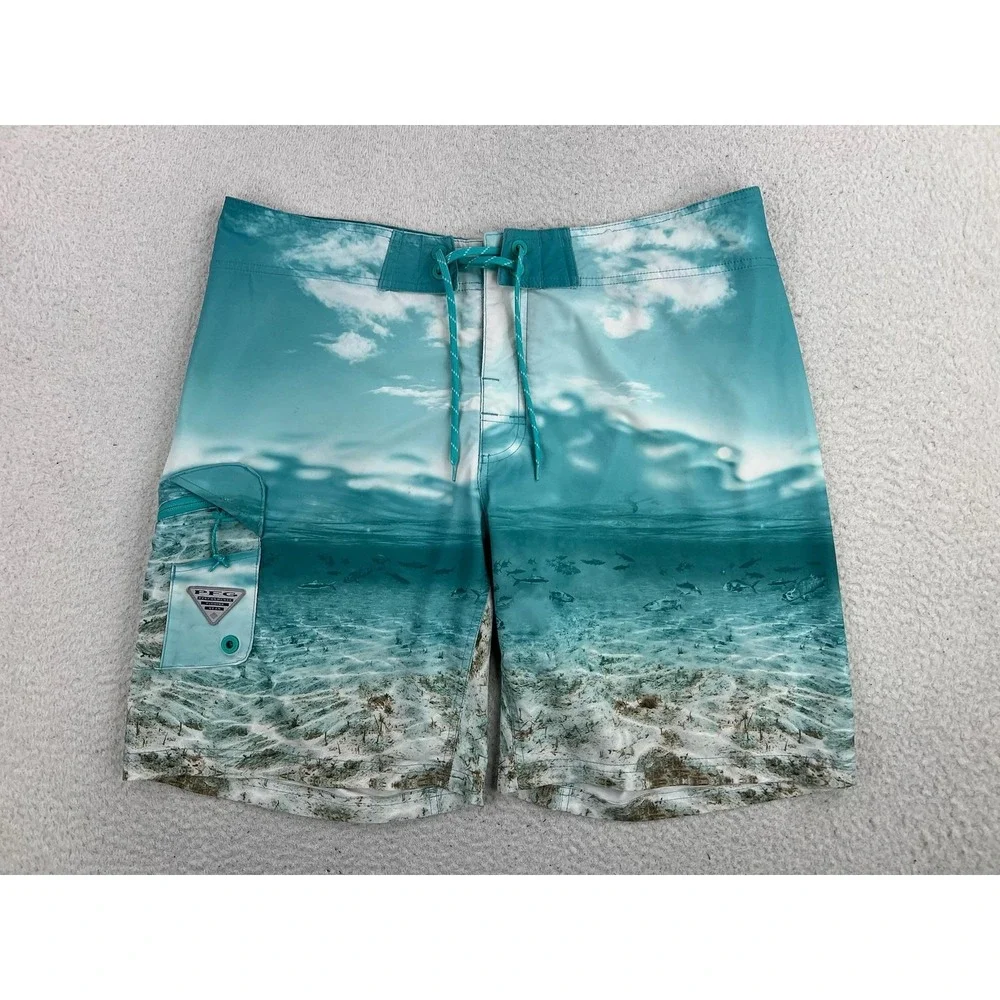 Columbia PFG Men 38 Board Shorts Blue Ocean Fish Print Swim Trunks FM1103